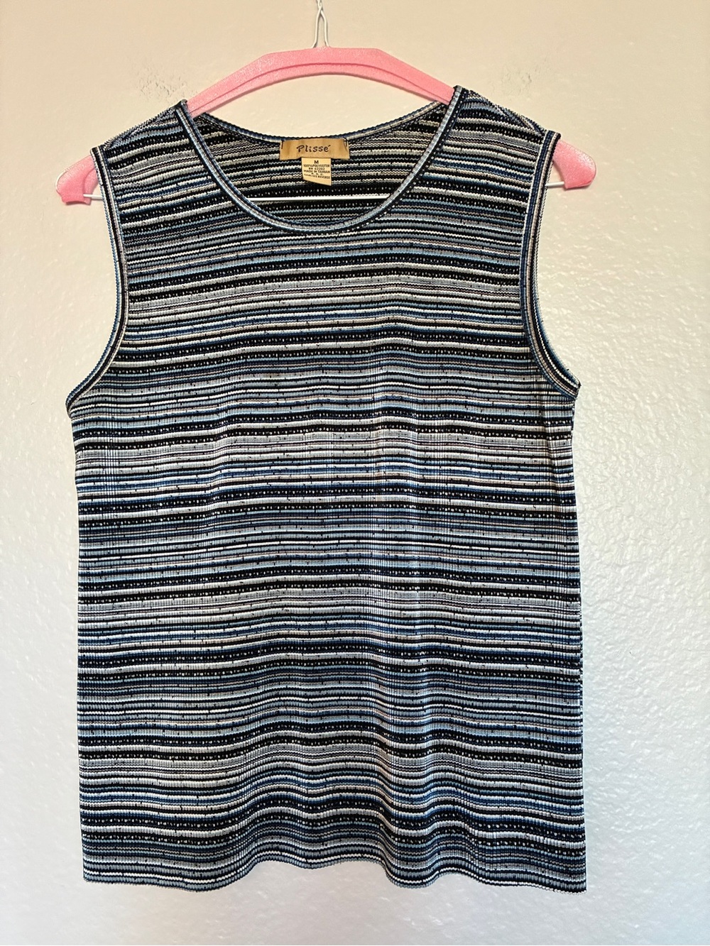 VTG Plissé Sleeveless Striped Knit Tank Top Blue/Black/White Shiny Textured Y2K
